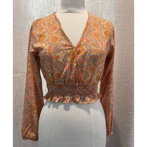 Anthropologie Raga Smocked Blouse Long Sleeves V-neck Floral Casual small Boho